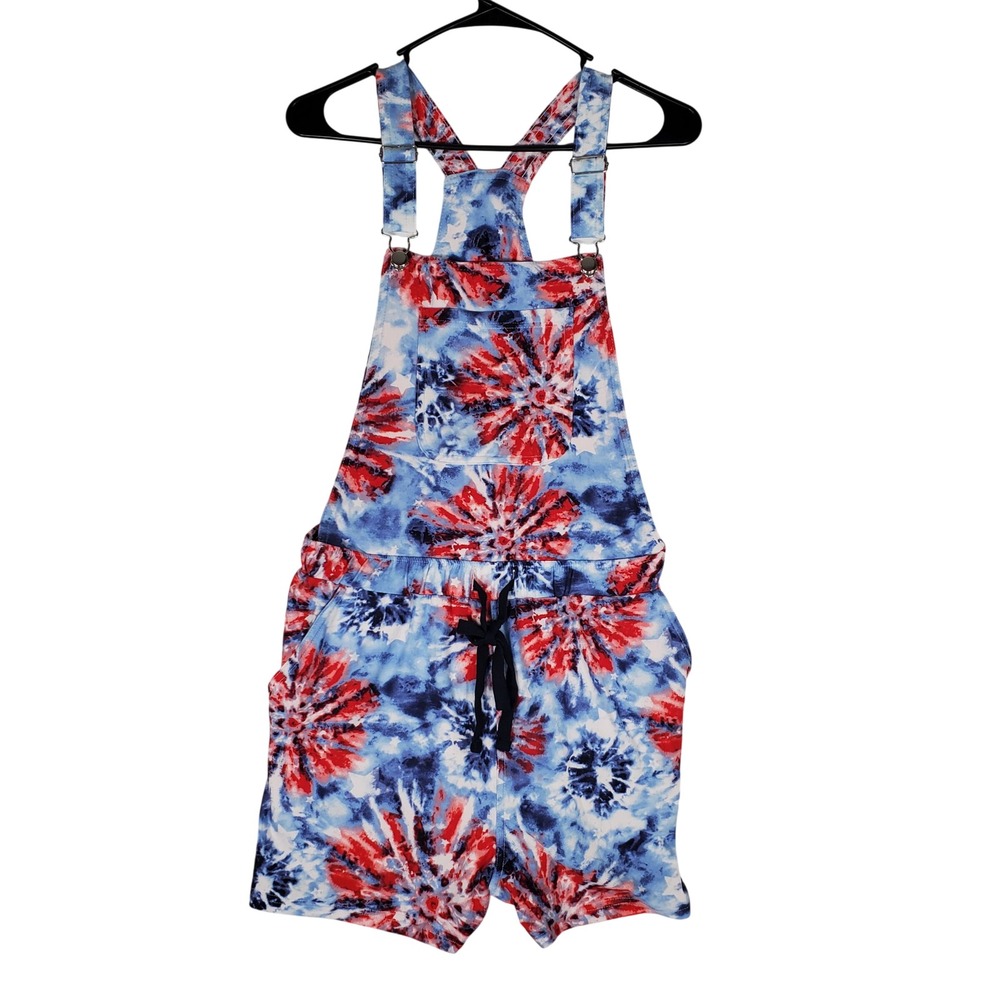 No Boundaries Red White Blue Tie Dye Short Overalls Romper L 11-13